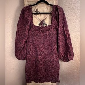 Free People eggplant shirred, blouson tie-back mini dress